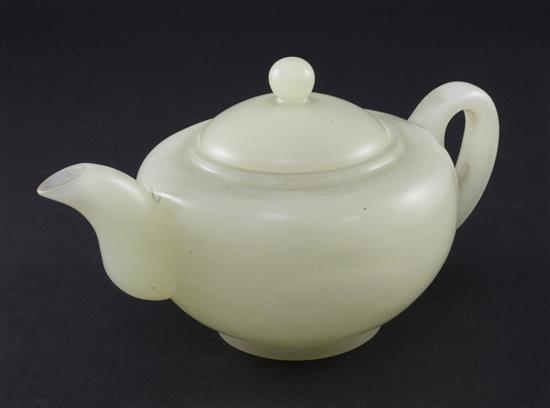 A Chinese pale celadon bowenite jade teapot, 20th century